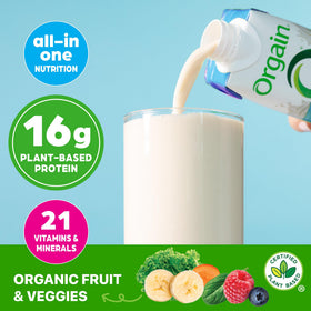 Orgain Organic Vegan Protein bottle label highlighting 21 vitamins for daily nourishment.
