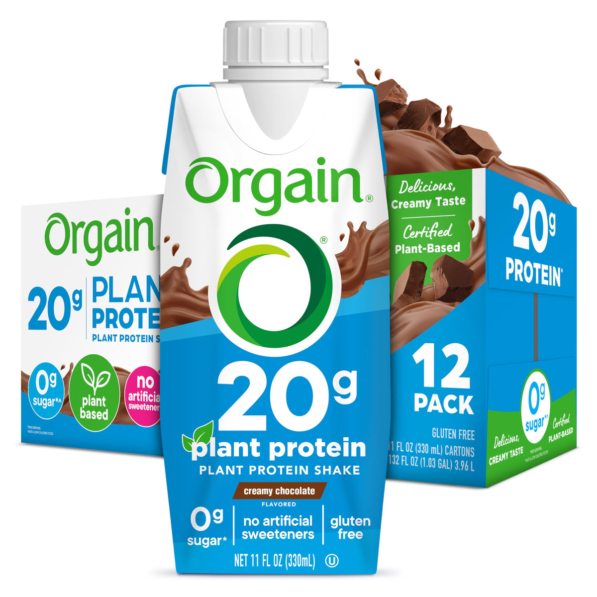 Orgain Creamy Chocolate vegan protein shake bottle showing 20g protein
