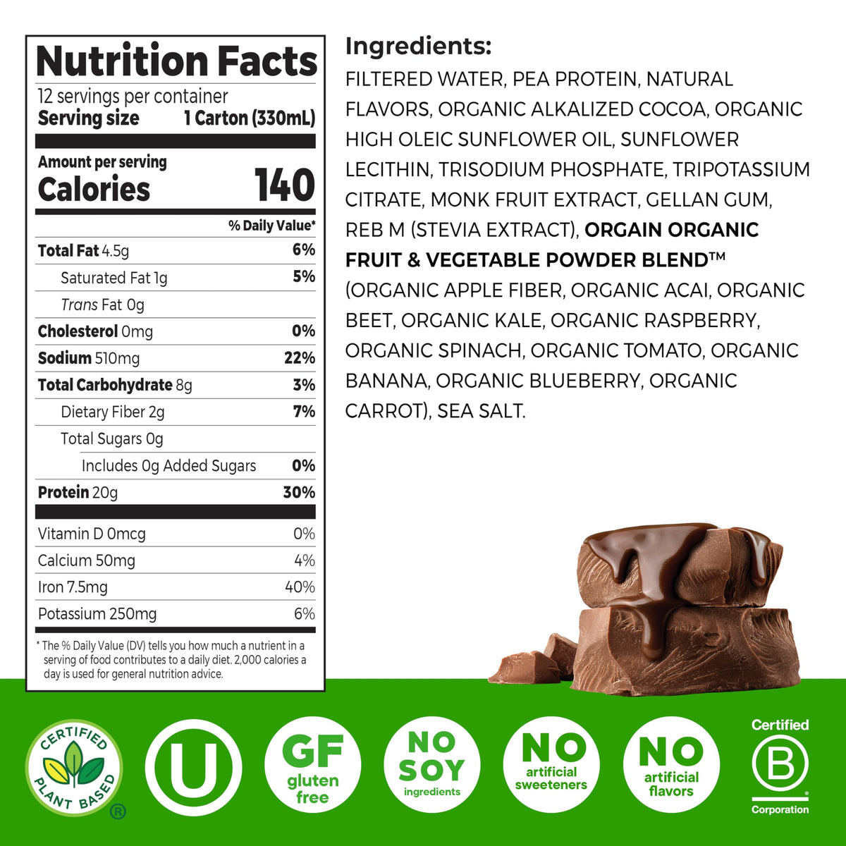 Orgain shake label closeup highlighting clean ingredients and no artificial colors