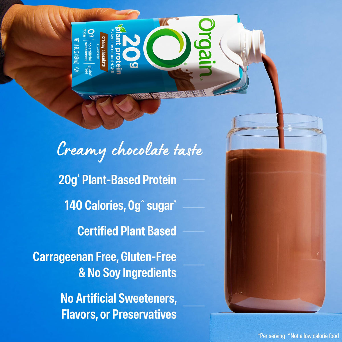 Orgain shake poured into glass emphasizing smooth, creamy texture