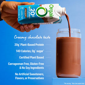Orgain shake poured into glass emphasizing smooth, creamy texture