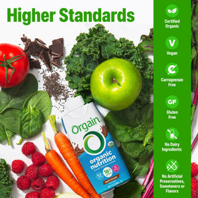Pack of Orgain shakes emphasizes convenient meal replacement.