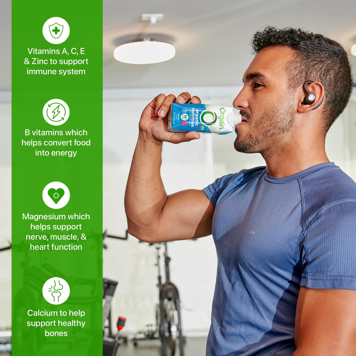 Orgain scoop beside bottle illustrating 16g plant-based protein per serving.