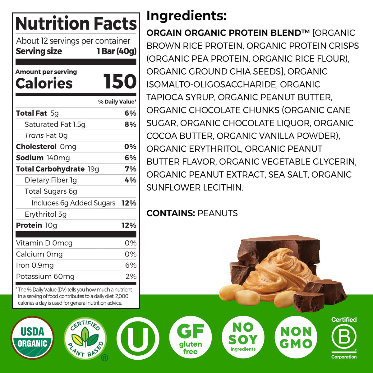 Orgain vegan protein bar close-up highlighting 10g protein and clean ingredients
