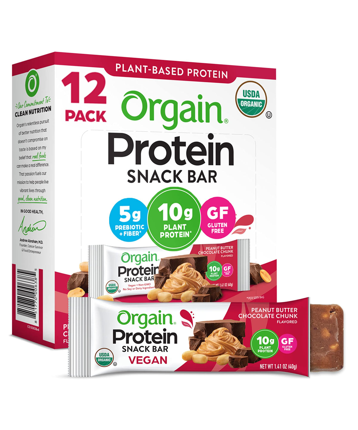 Orgain Peanut Butter Chocolate Chunk bar, on-pack shot showing a convenient plant-based snack