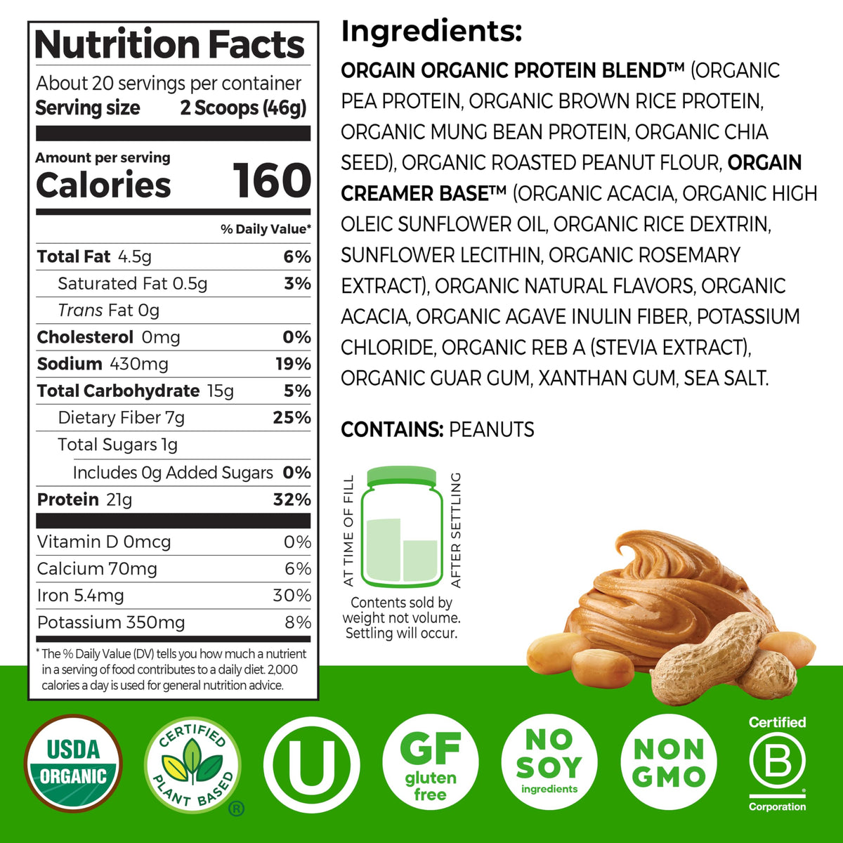 Orgain Peanut Butter Vegan Protein Powder being poured shows a creamy texture for shakes.