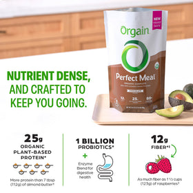 Creamy Orgain Perfect Meal chocolate shake in a blender