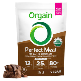 Orgain Perfect Meal chocolate powder being poured for a protein shake