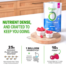 Orgain Perfect Meal ingredients overview with 80+ superfoods and probiotics.