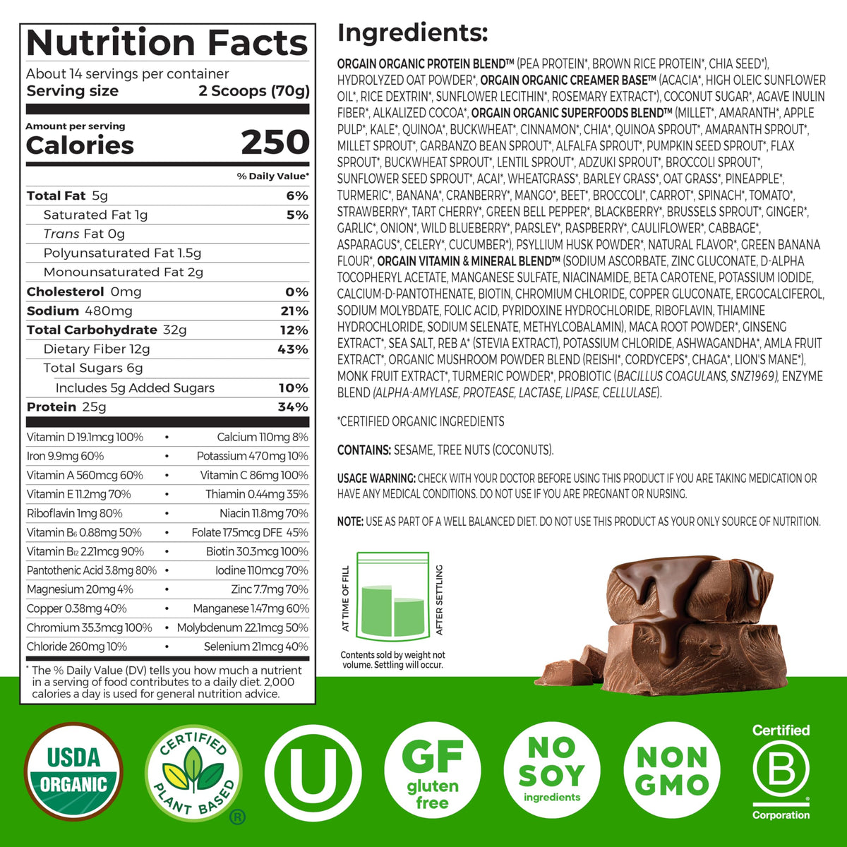 Orgain Perfect Meal bag highlighting 80+ superfoods and probiotics