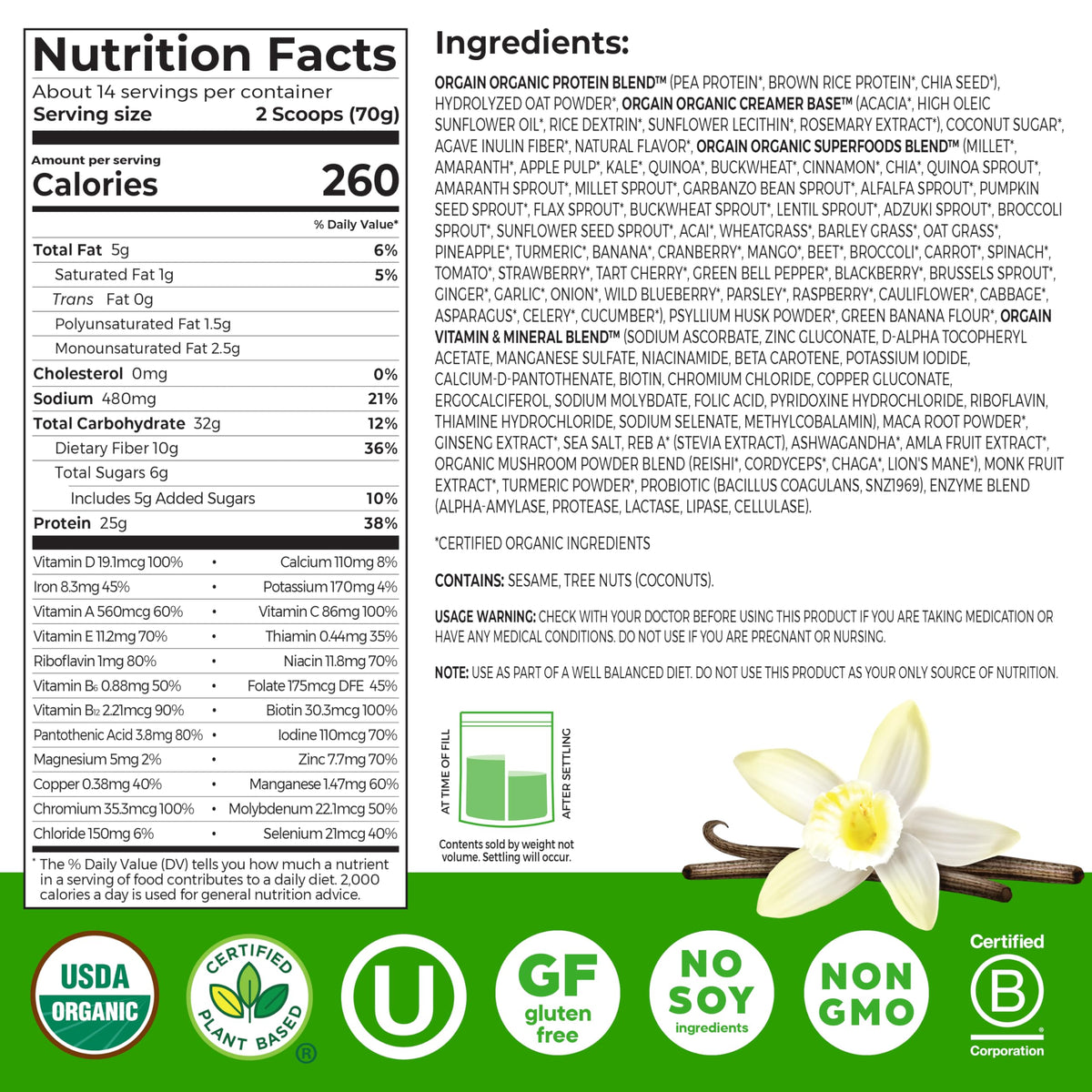 Orgain Perfect Meal vanilla bottle with organic vegan ingredients.