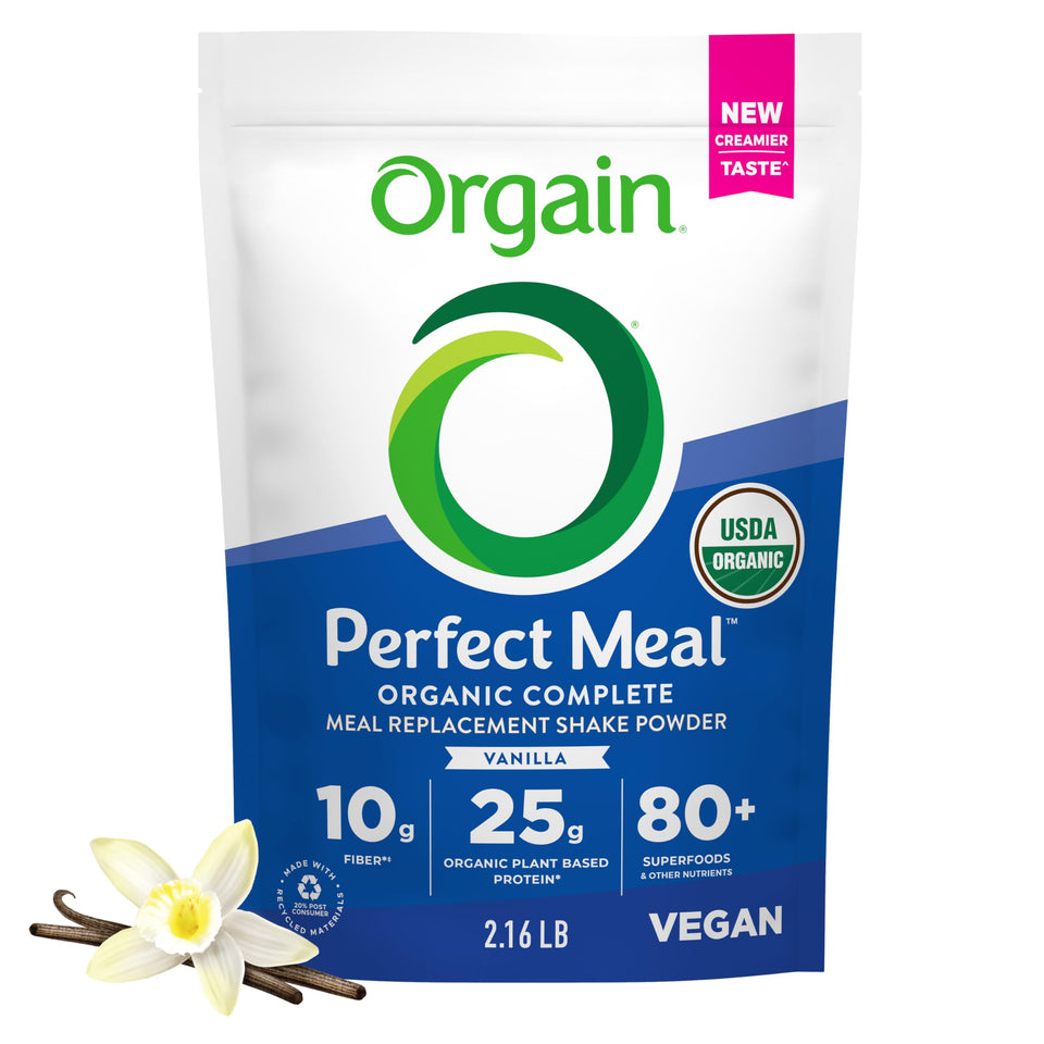 Orgain Perfect Meal vanilla powder close-up—25g plant-based protein per serving.