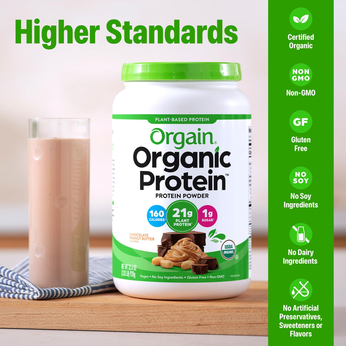 Orgain protein shake in a glass showcases a dairy-free smoothie option.