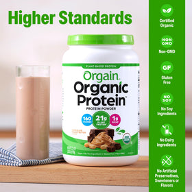 Orgain protein shake in a glass showcases a dairy-free smoothie option.
