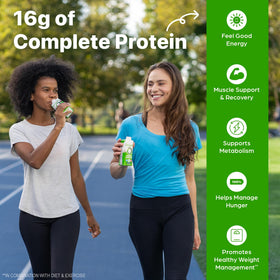 Orgain ready-to-drink pack on table, emphasizing portability for workouts or workdays.