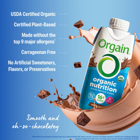 Orgain glass with straw showcases creamy shake texture.