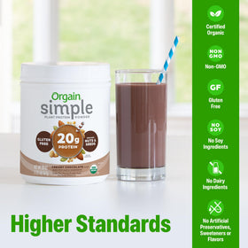 Orgain Simple Protein Powder chocolate scoop highlights clean ingredients.
