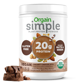 Orgain Simple Protein Powder chocolate tub for versatile shakes.