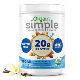 Orgain Simple Vegan Protein Vanilla bottle shown with clean ingredient list for healthy nutrition