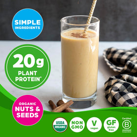 Orgain Simple Vegan Protein Vanilla scoop in foreground for easy use