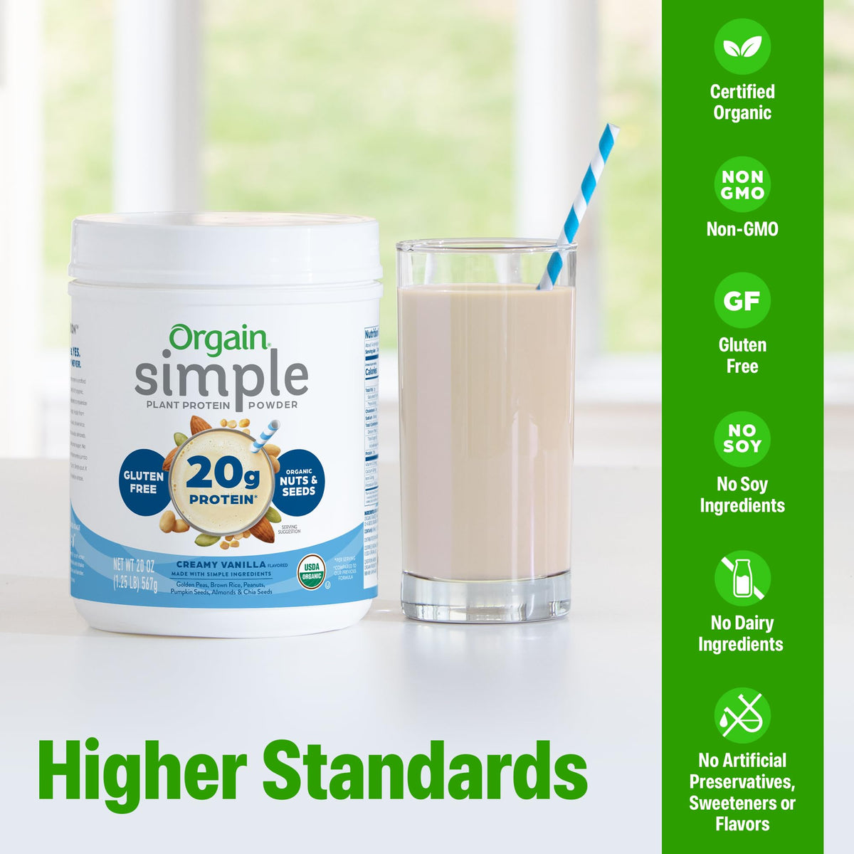 Orgain Simple Vegan Protein Vanilla shake in glass with creamy texture