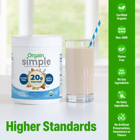 Orgain Simple Vegan Protein Vanilla shake in glass with creamy texture