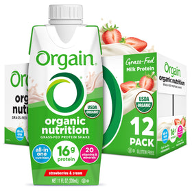 Orgain Strawberries & Cream bottle showing creamy shake and protein content for daily nutrition