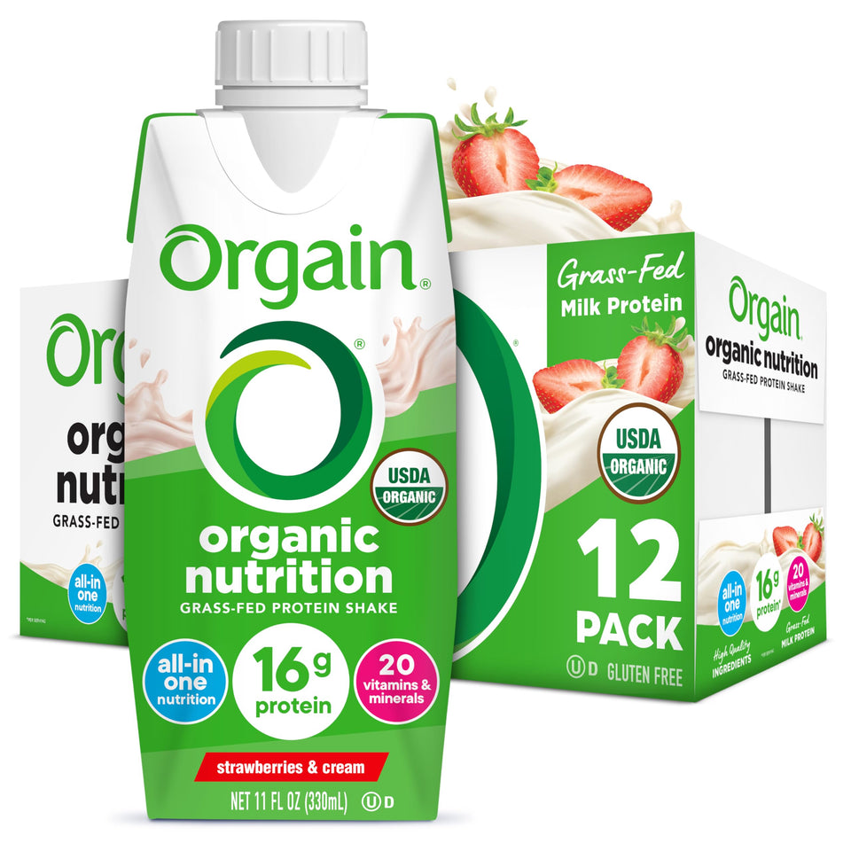 Orgain Strawberries & Cream bottle showing creamy shake and protein content for daily nutrition