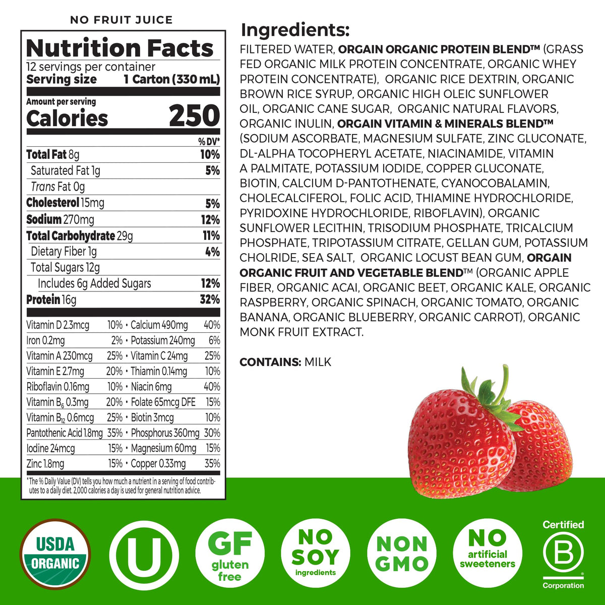 Orgain Strawberries & Cream pour captured for creamy texture and quick nourishment