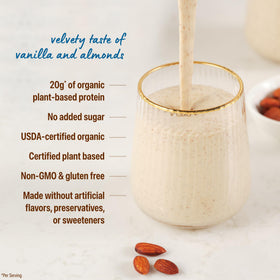 Orgain Vanilla Almond Butter Protein Powder on ingredients panel emphasizing dairy-free and gluten-free.