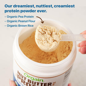 Orgain Vanilla Almond Butter Protein Powder being poured into a blender bottle.