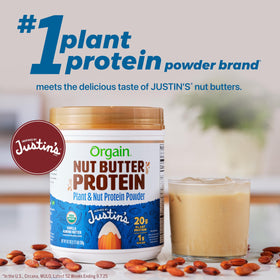 Orgain Vanilla Almond Butter Protein Powder in a shaker for a post-workout shake.