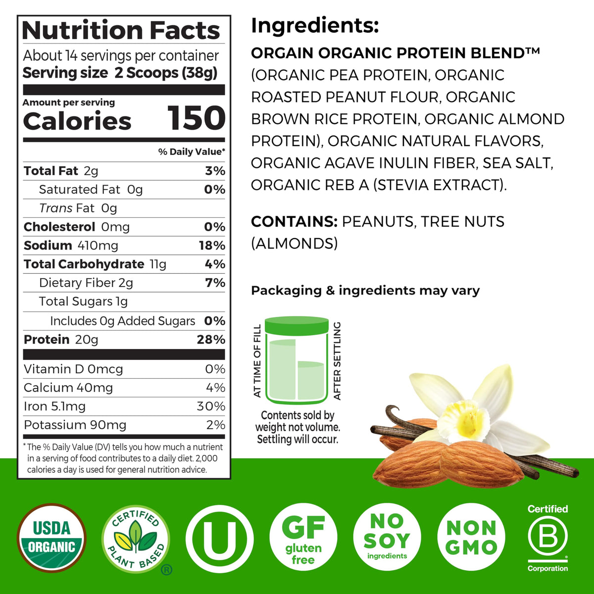 Orgain Vanilla Almond Butter Protein Powder scoop reveals creamy texture.