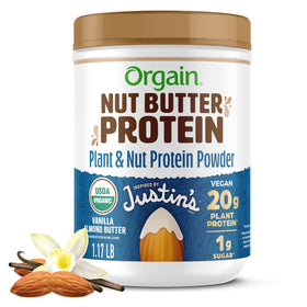 Orgain Vanilla Almond Butter Protein Powder tub shows flavor label and organic ingredients.