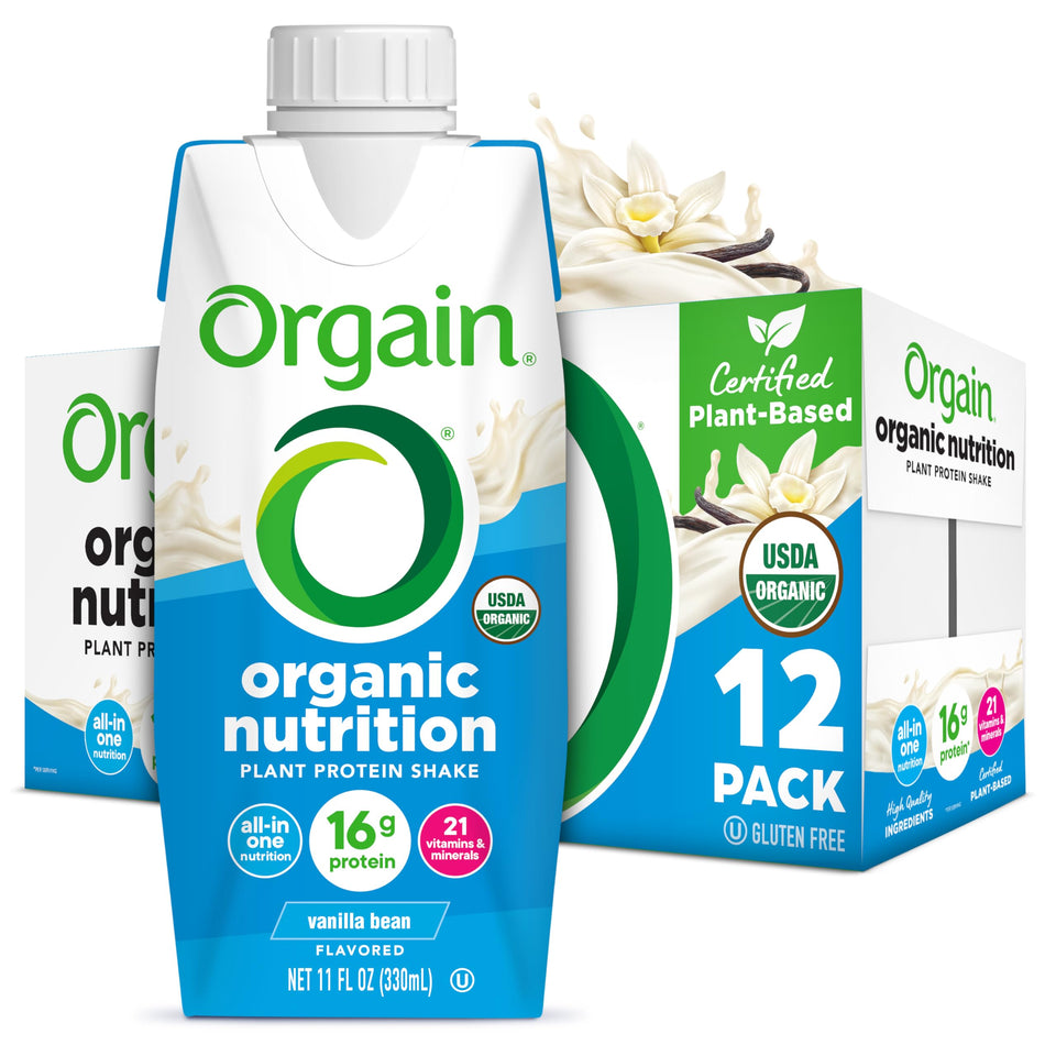 Orgain Vanilla Bean vegan protein shake glass showing creamy texture and 16g protein for quick meals.
