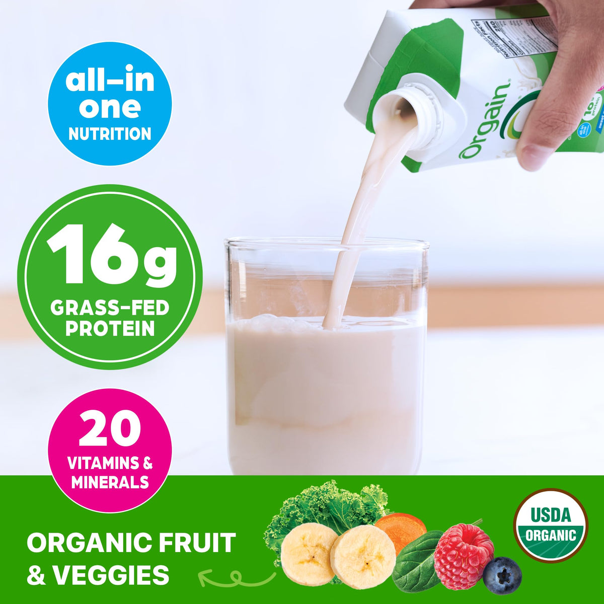 Orgain Vanilla Bean shake glass with straw shows creamy texture