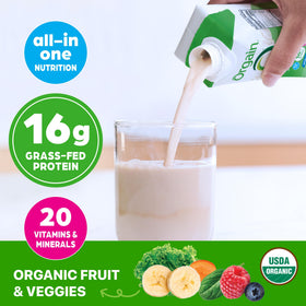 Orgain Vanilla Bean shake glass with straw shows creamy texture