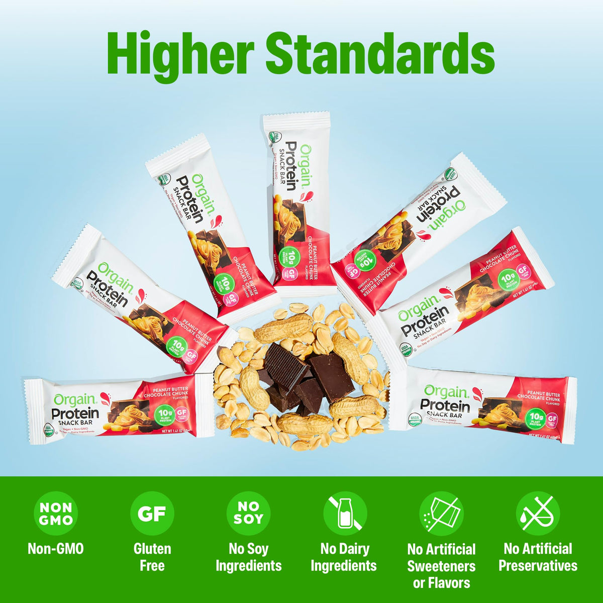 Orgain vegan protein bar nutrition facts panel showing 10g protein and 150 calories