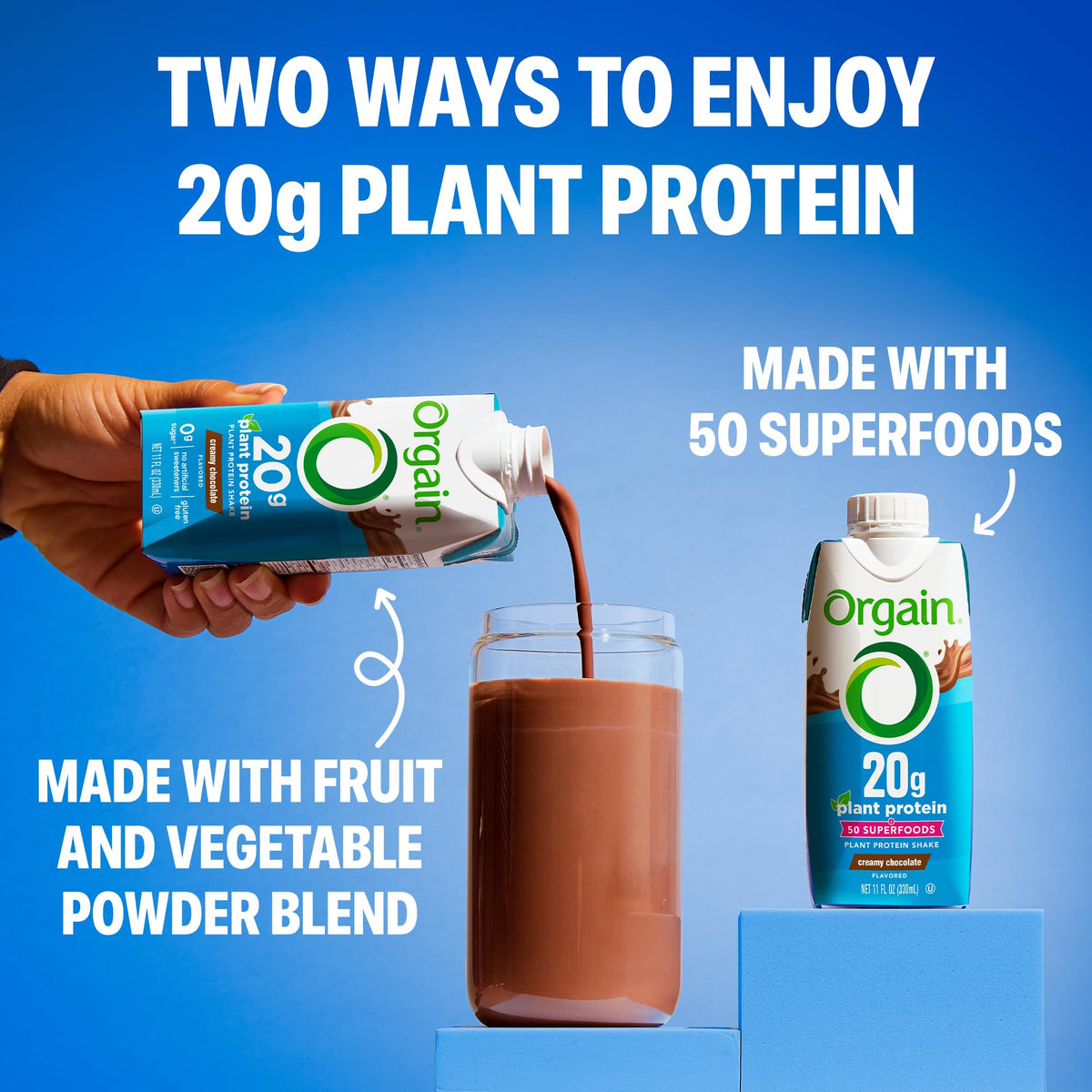 Orgain vegan protein shake chocolate flavor texture close-up, grit-free smoothness