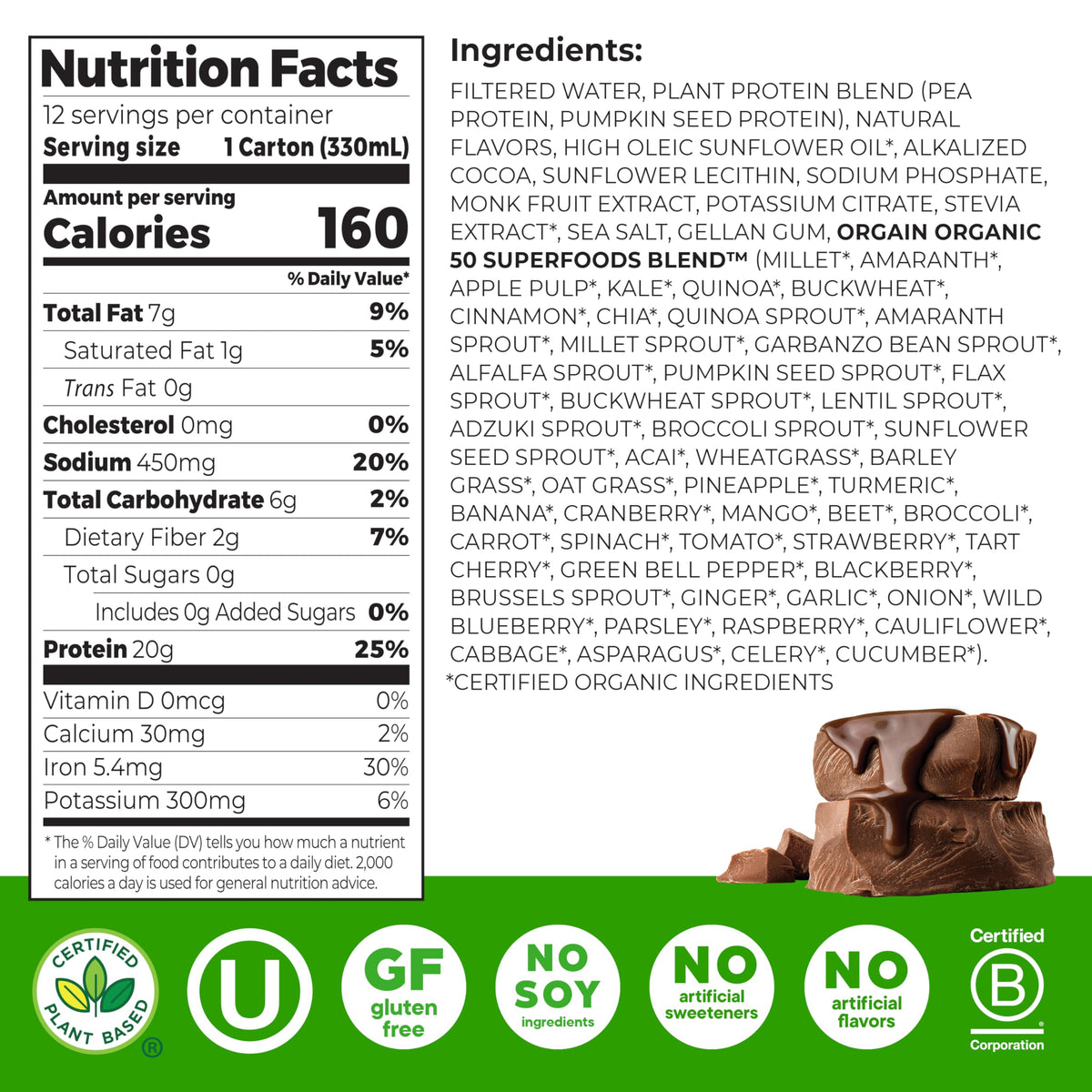 Orgain vegan protein shake creamy chocolate glass close-up showing smooth, creamy texture