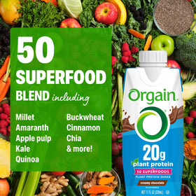 Orgain vegan protein shake glass pour showcasing rich chocolatey flavor