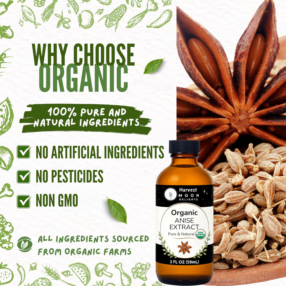 Organic anise seeds closeup shows Harvest Moon Delights quality from USA farms.