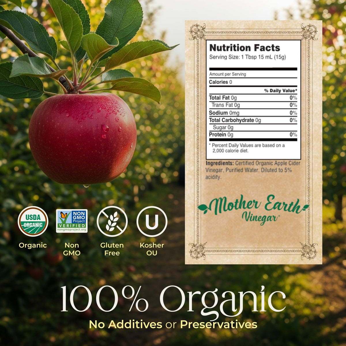 Mother Earth Apple cider vinegar bottle showcases organic apples for a smooth, versatile kitchen staple.