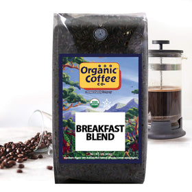 THE ORGANIC COFFEE CO. Breakfast Blend grinder-ready image shows mid-coarse grind for balanced extraction.
