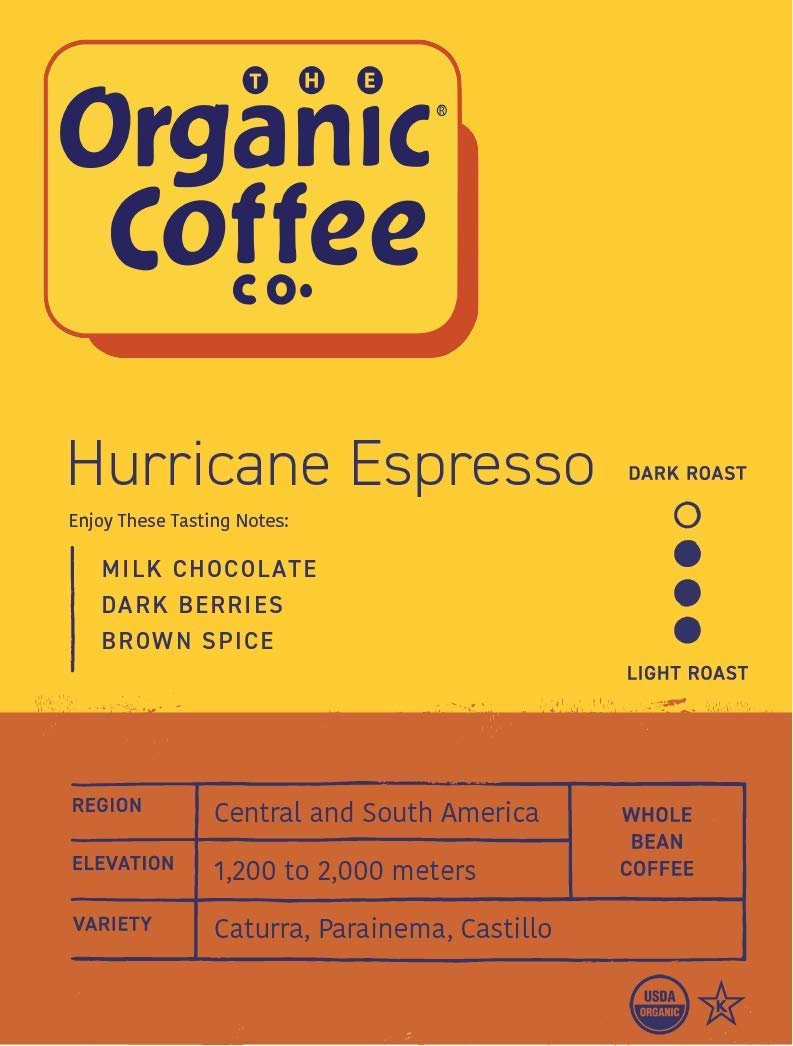 The Organic Coffee Co. Hurricane Espresso brew-friendly blend for any machine.