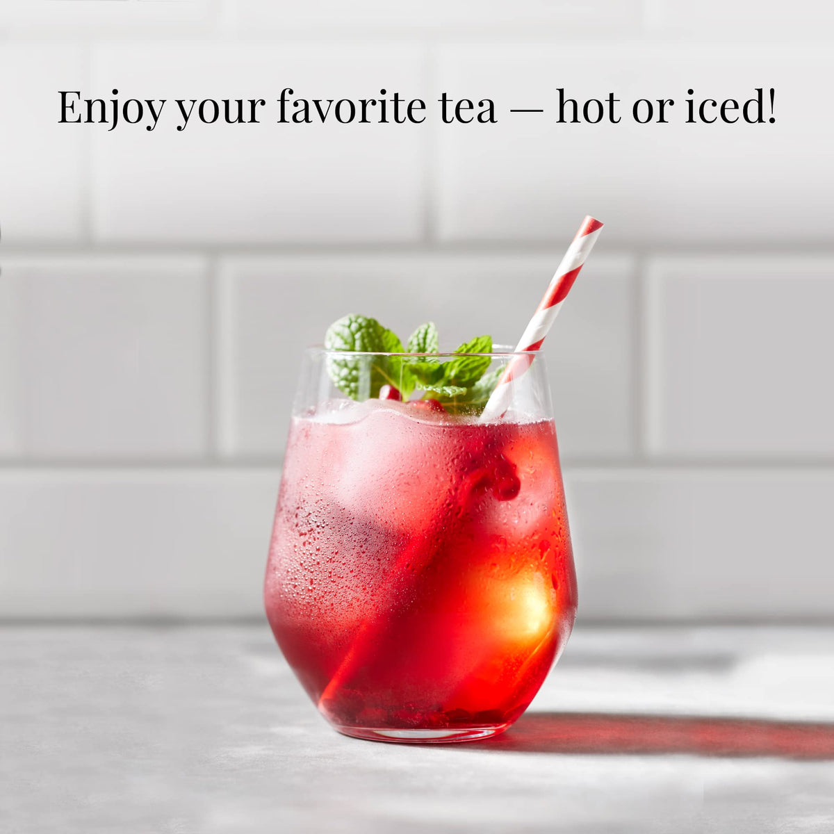 Organic green tea leaves and pomegranate create a clean, flavorful ritual.
