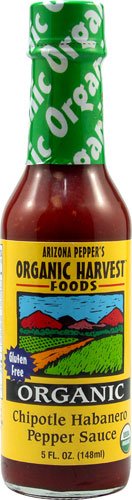 Organic Harvest Foods Arizona chipotle habanero sauce bottle adds smoky heat to tacos.