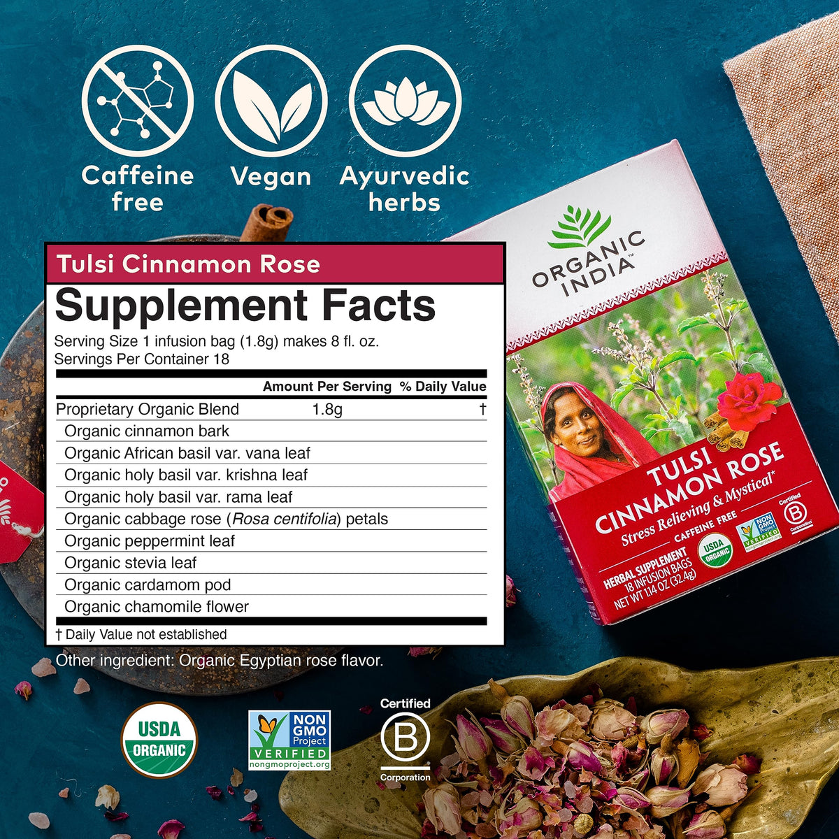 Organic India caffeine-free label emphasizing evening tea option.