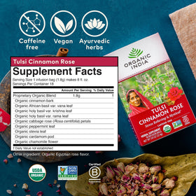 Organic India caffeine-free label emphasizing evening tea option.