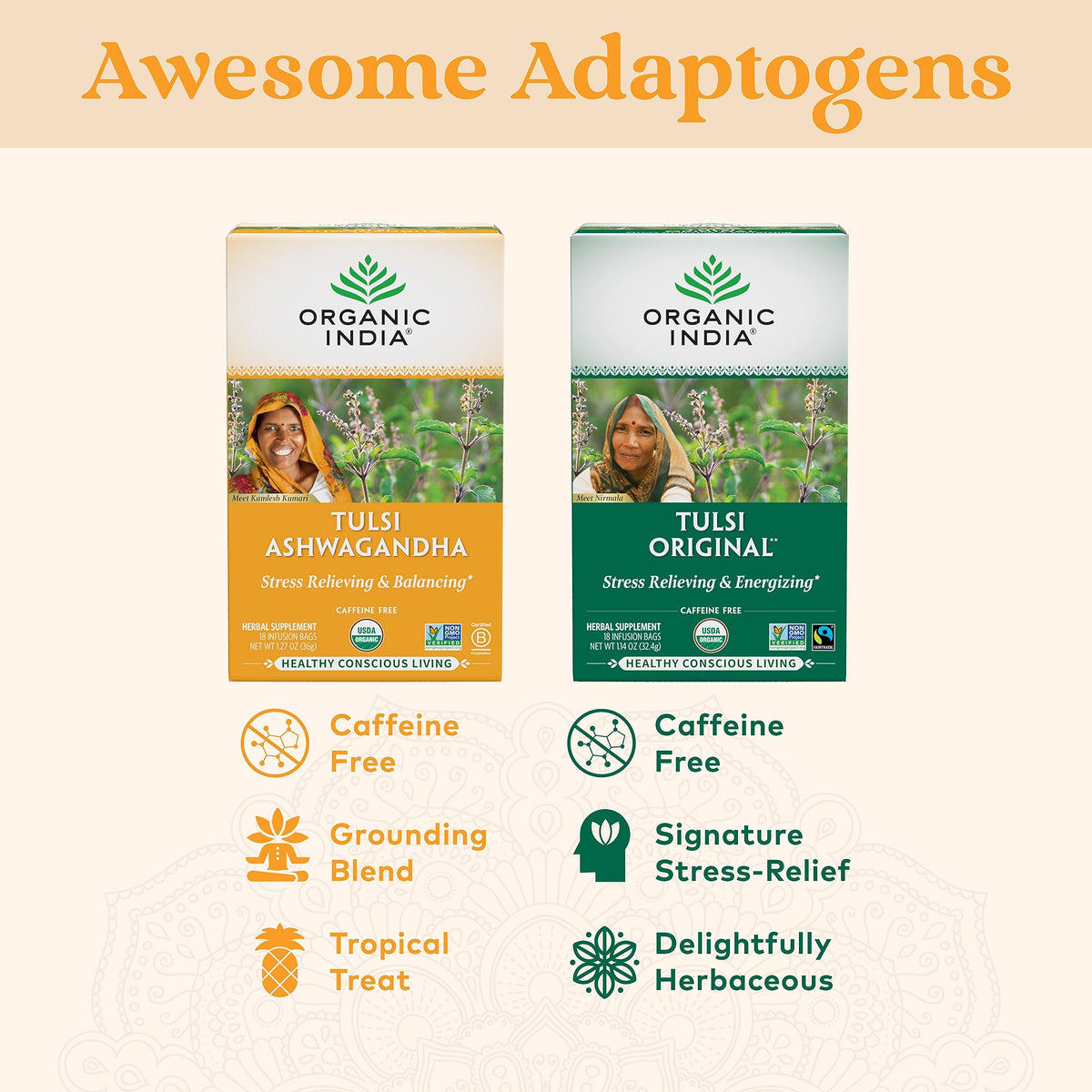 Organic India caffeine-free tea offers a gentle afternoon or evening option.